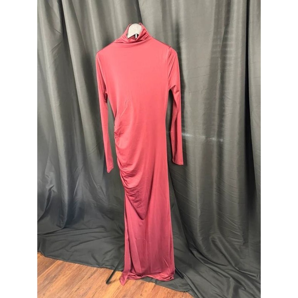 NWT COMMENSE Women's S Burgundy Ruched High‎ Slit Turtleneck Maxi Dress